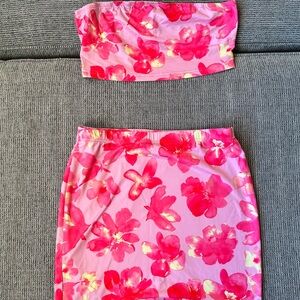 SHEIN Two Piece Bandeau Top And Skirt Pink Floral Size M Vacation Resort Bodycon